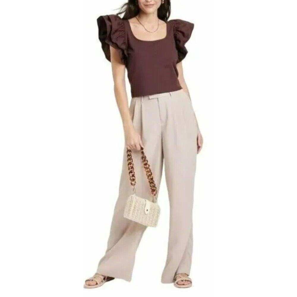 A New Day Crop Top Double Flutter Short Sleeve Slim Fit Brown Cotton Women’s L - Picture 3 of 7
